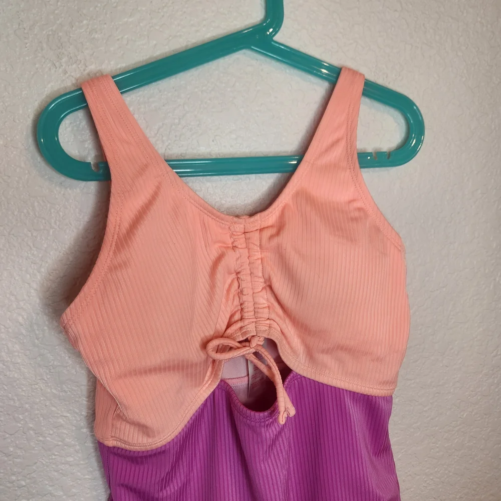 Justice Beach Two-Tone Peach and Purple One-Piece Swimsuit youth L 12 14